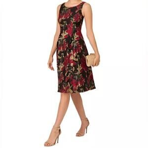 Adrianna Papell Women's Floral Jacquard Fit & Flare Dress Black Red Sz 8
